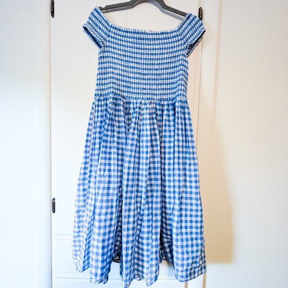 J Crew Blue Gingham Off Shoulder Dress (L) - Picture 2 of 5